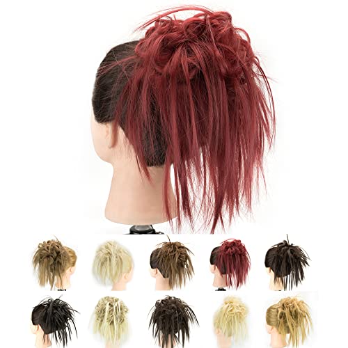 IMISSU 2PCS Messy Hair Bun Piece Updo Fake Scrunchies Extension Wavy Curly Hairpieces Ponytail Chignon Headband for Women Girls (2PCS Burgundy)