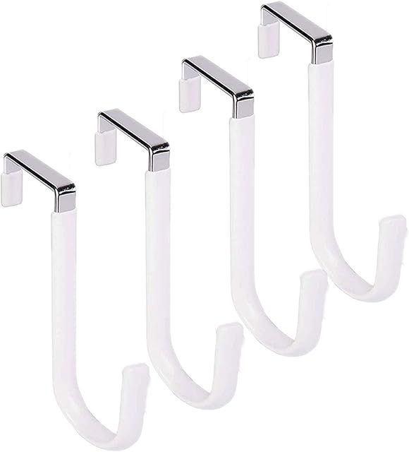 Over The Door Hooks Set of 4, Single Hooks Hanger Metal for Hanging Towel Coats Clothes Hats Bags Bathroom, Over The Door Hangers with Soft Rubber Surface Prevents Scratches. (White)