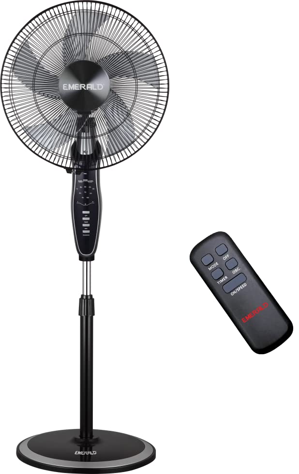 EMERALD 16" inch Fins Stand Fan with Remote Control, 90 Degrees Wide Oscillation, 5 ABS Blades, Powerful GS Standard Motor. (Black & Silver)