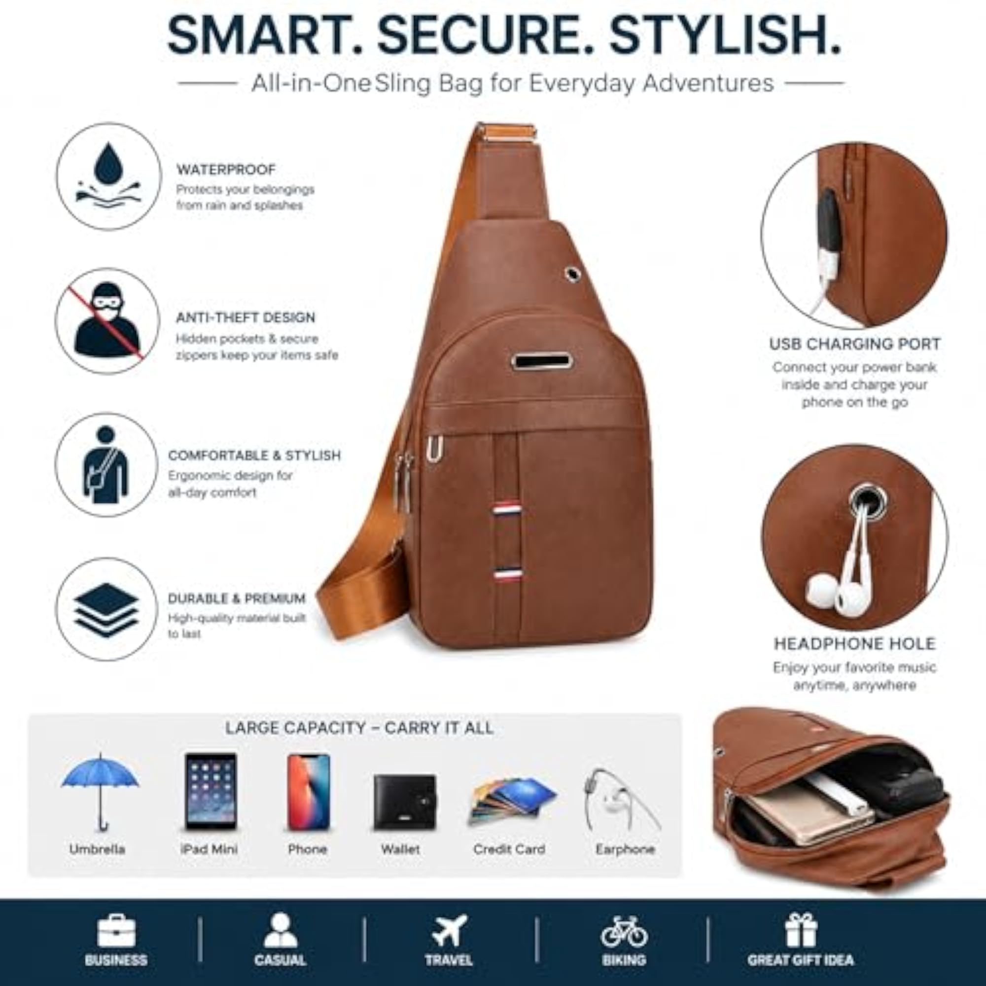 Waterproof Anti-Theft Sling Bag, Brown PU Leather