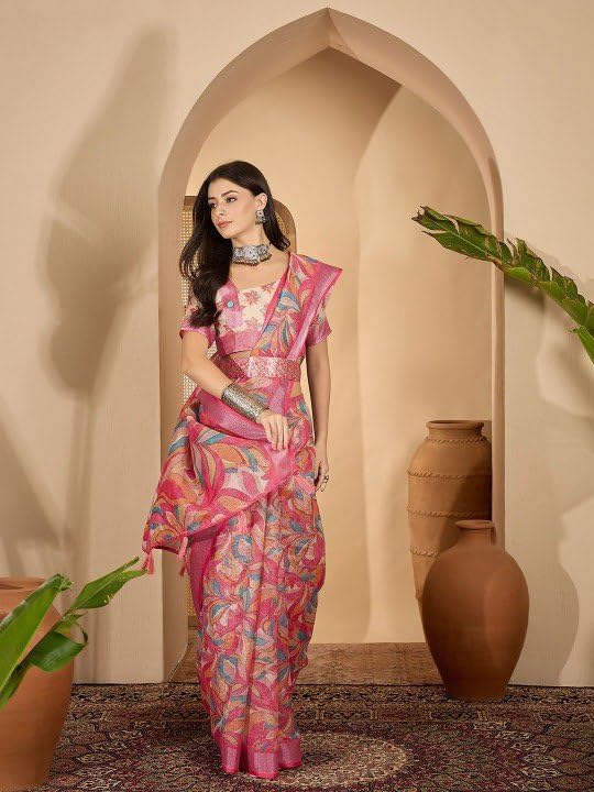 Women's Pink Floral Print Saree with Zari Border, Festive Wear, Multicolor Leaf Design Party Wear