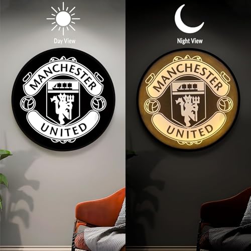 Image of PAINTINGMANTRA Manchester United Club Night Wall Lamp Painting with Premium Aluminium Metal Frame, Football Team Round Wall Painting with Warm White Night Lamp for Home & Office Decor (18x18 Inches)