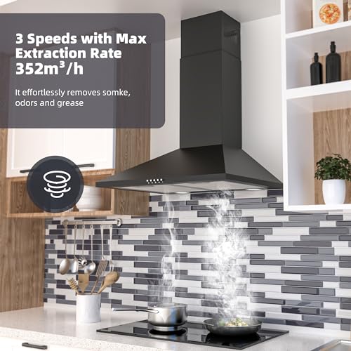 FIREGAS Wandkap, afzuigkap, 60 cm, met borstelloze DC-motor, omlucht/afvoerlucht mogelijk, 3 blaasstanden, led-verlichting, 2 vetfilters, zwart - Afbeelding 4