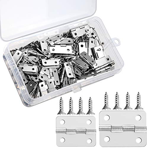 Hicarer 60 Pieces Small Hinges Retro Decorative Mini Hinges and 300 Pieces 7 mm Micro Tiny Screws with Storage Box for Dollhouse Door Cabinet Crafts Wooden Jewelry Box Outdoor Decor, 2 Sizes (Silver)