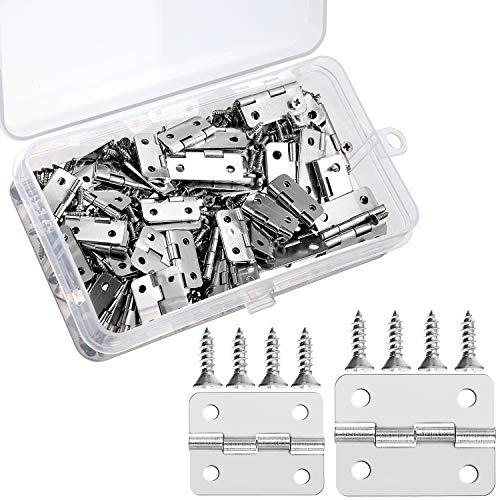 60 Pieces Mini Hinges Retro Door Hinges and 300 Pieces 7 mm Mini Hinge Screws with Storage Box, 2 Sizes (Silver)