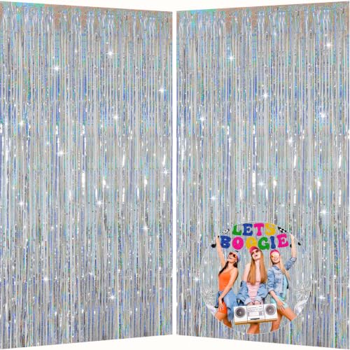 Image of Silver Foil Fringe Curtains Photo Backdrop for Birthday Party Decor | 3.28 x 6.56ft Metallic Streamer Doorway Tinsel Backdrop for Wedding, 1920s, Disco, Sweet 16, Frozen Party Deorations