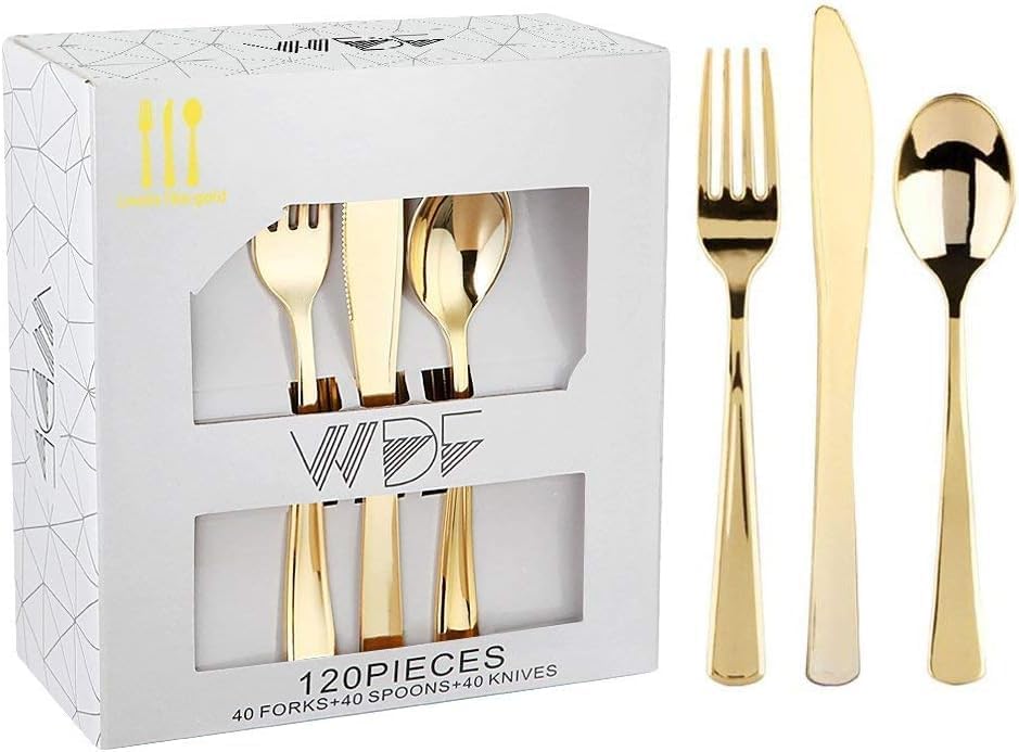 WDF 120 Pieces Gold Plastic Silverware - Disposable Flatware Set - Heavy Duty Plastic Cutlery - Silverware Includes 40 Forks, 40 Spoons, 40 Knives for Party Birthday Baby Shower Wedding Spring