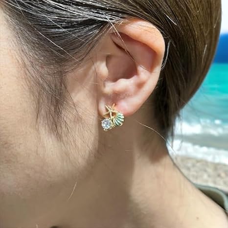 Amazon.co.jp: 夏 海 ビーチ ゴールドピアス 貝殻とヒトデモチーフ 