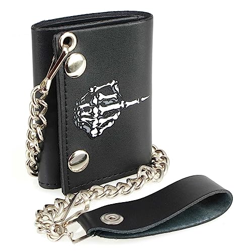 Milwaukee Leather MLW7840 Men's 4” Black Leather Biker Wallet - Tri-Fold Anti - Theft Stainless Steel Chain w/Skeleton Finger - One Size
