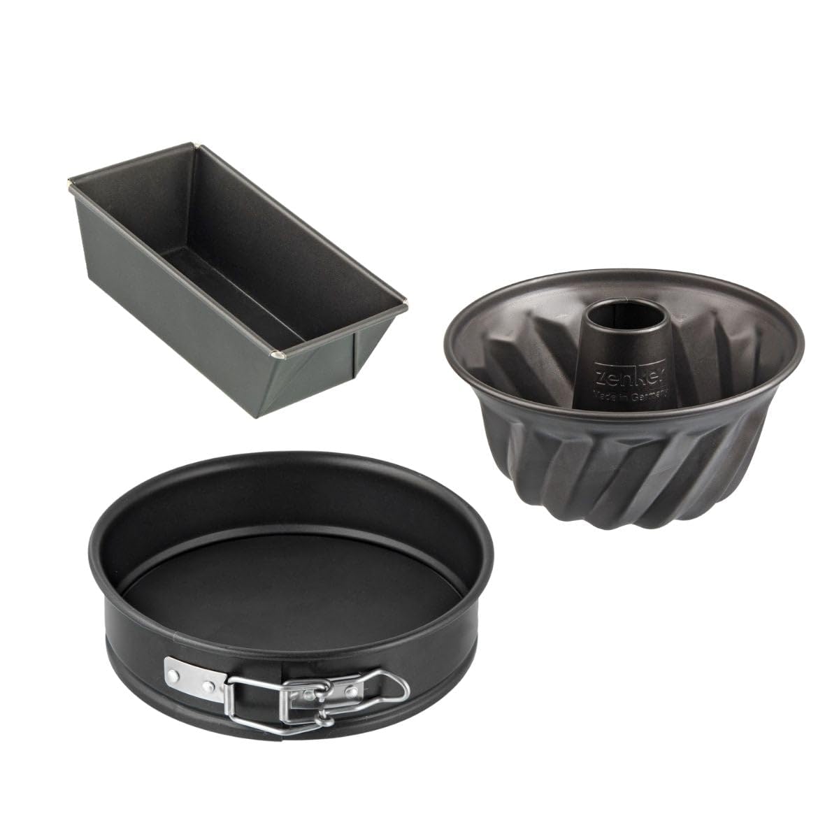 Zenker 9991850 Set of 3 Special Mini Springform Moulds with Cake Pan, Kougelhopf, Springform Pan, Stainless Steel, Black, 15 x 5.5 x 8.5 cm, 18 cm, 16 cm