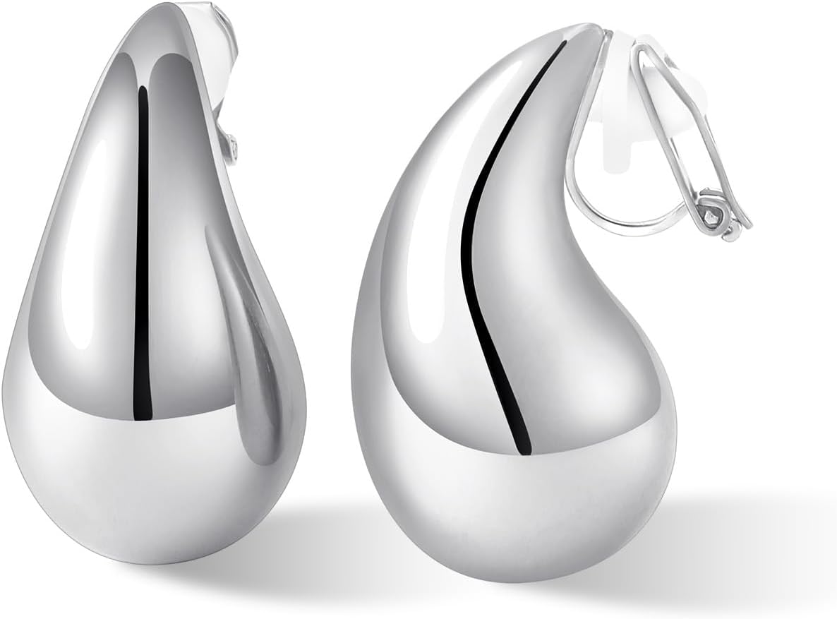 Gold Drop Clip On Earrings Dupes Teardrop Chunky Non Pierced Earring 14K Real Gold Plated Hypoallergenic Lightweight Earrings for Women and Girl（Gold and Silver）