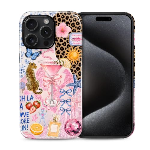 Compatible with iPhone 15 Pro Case - Dual-Layer Protection, Hard Shell with Silicone Interior,Slim Scratch Resistant Shockproof for Woman Men - Leopard Print Wine Glass Collage