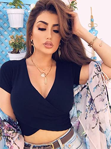 Vetior Short Sleeve Cute Summer Tops Sexy Tops For Women Unique Criss Cross Y2K Front Wrap Casual Shirt Yoga Tops For Women L Black #TOP1