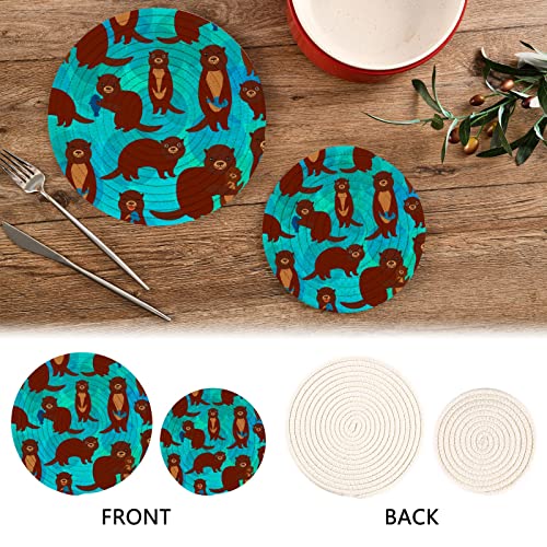 Vnurnrn Fun Brown Sea Otters Fish Teal Pot Holders Trivets Set 2 Pcs Round Cotton Hot Pads For Kitchens, Coasters, Placemats For Cooking Baking Hot Dish Pan Pot, 7 Inch And 9 Inch Diameter #TOP2