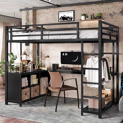 Image of Bellemave Twin XL Size loft Bed with L Desk, Wardrobe, Metal Twin XL Loft Bed Frame for Adults, Kids, Teens, Black