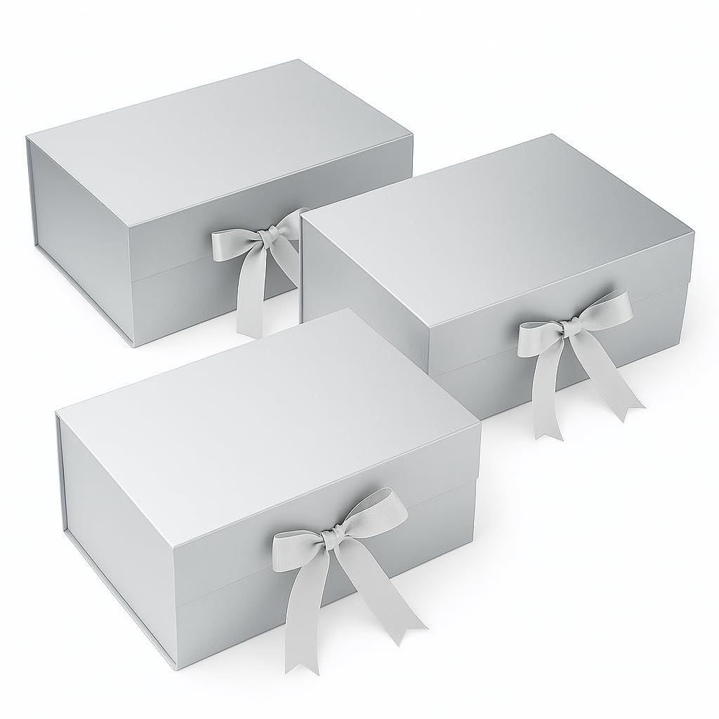 Awestuffs Premium Silver Gift Boxes for Gift Packaging, Reusable Decorative Gift Boxes (23 x 16 x 10 cm) for Hampers, Weddings, Birthdays, Festivals & Corporate Gifts (Pack of 3)