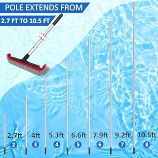 Swimming Pool Brush with Pole - 17.5" Wall Brush with 10FT Adjustable Aluminum Pole, Nylon Bristles, Curved Ends, EZ Clip Handle, Pool Brush for Cleaning Walls, Tiles & Floors