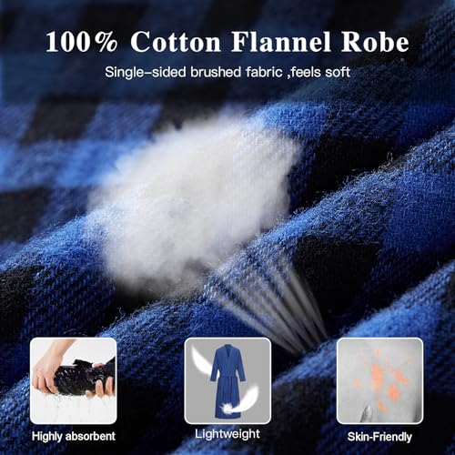 FashGudim Mens Buffalo Plaid 100% Cotton Flannel Shawl Collar Robe Lightweight Full Length Bathrobe Loungewear House Robes3