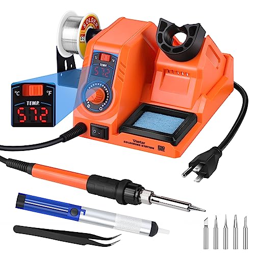 Vastar Soldering Iron Station Kit - 60W 392℉~896℉ Adjustable Temperature C/F Switch, Auto-Sleep Anti-Static Fast Heating Up, 5 Soldering Iron Tips, Wire, Desoldering Pump（Orange)