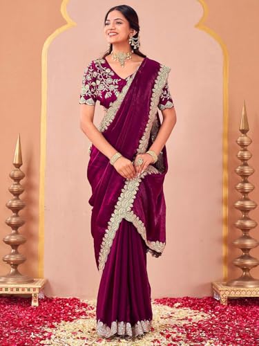Image of SIRIL Women's Tissue Silk Sequins Embroidery Saree with Unstitched Blouse Piece