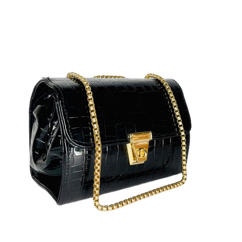Image of REHBAR Croco PU women Side Sling Bags Non Detachable Shoulder Chain Strap Buckle Snap Closure