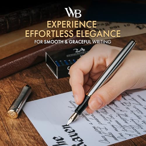 Image of Wordsworth & Black Luxury Fountain Pen Set for Writing, Broad Nib, Silver | Gift for Men & Women, Brass Body, 18K German Iridium, Calligraphy, Converter + 24 Ink Cartridges, Refillable, Leak-Free