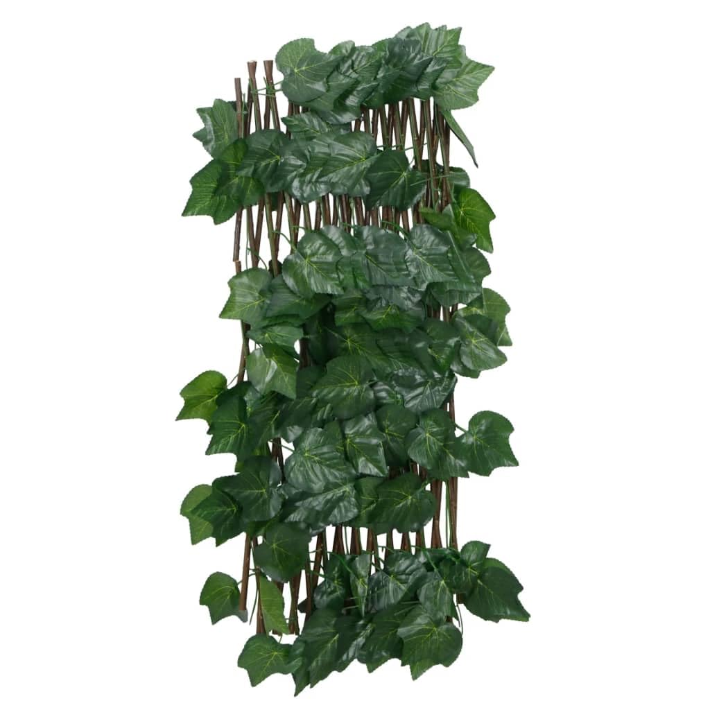 Treillis de Feuille de Vigne Artificiel Extensible 190x60 cm, Haie de Jardin Bois et PVC pour Brise-vue et Décoration Murale, Clôture Extérieure avec 130 Feuilles Vertes
