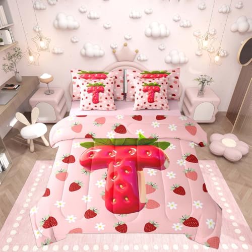 Image of Feelyou Girls Cute Strawberry Comforter Set Full Size 7 Pieces Pink Strawberry Bedding Set for Kids Boys Girls Initial Letter T Bed in a Bag with Comforter, Sheets, Pillowcases, Cushion Covers