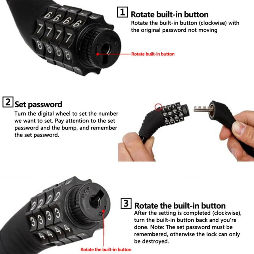 GLUN® Heavy Duty Number Combination Multipurpose Lock Anti-Theft, Steel Cable Safety Lock with for Bike, Bicycle & Cycle Red 1