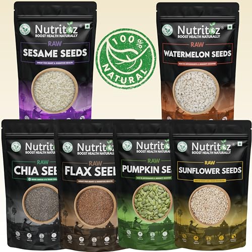 Image of Nutritoz Raw Seeds Combo Pack Of 6 (50g Each) | Weight Loss with Omega-3 Fiber Rich Chia Brown Flax Pumpkin Sunflower Watermelon Sesame (6 X 50 g)
