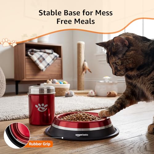 Image of Amazon Basics Stainless Steel Pet Feeding Bowls for Dog & Cats | Anti Slip Base | 2 Pcs Set | Canister & Dog Bowl in Double tonned | Canister 1000 ml & Dog Bowl 900 ml