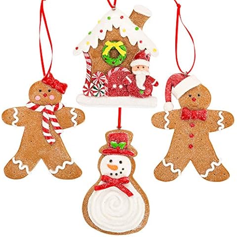 Gingerbread Christmas Ornaments - Man Boy Girl Gingerbread House Snowman Cookie Rustic Christmas Decorations Set of 4 - Claydough Christmas Tree Decorations - Christmas Tree Ornaments with Gift Box Cover