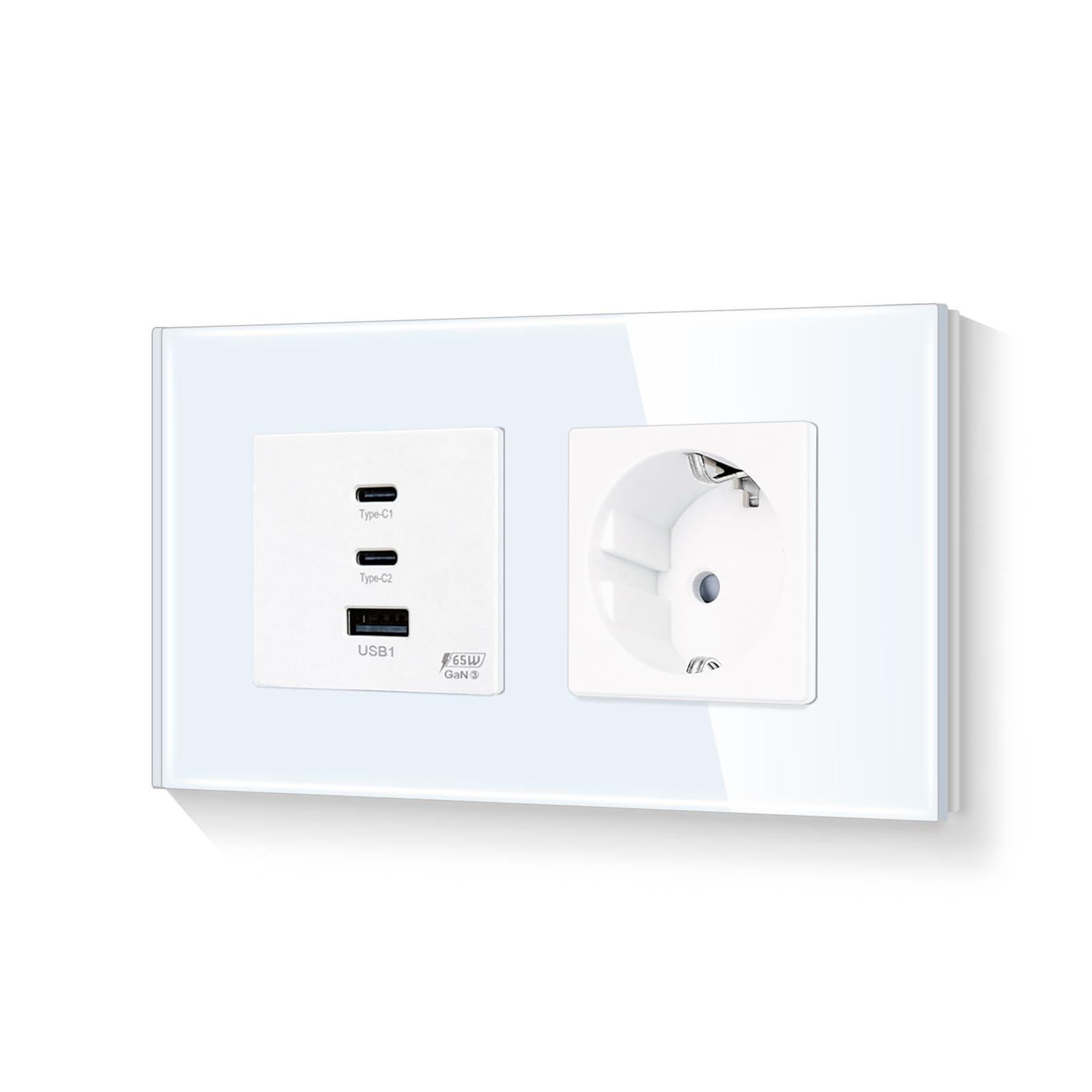 LIAONFOY 65 W Super Charge avec prise Super Fast Charging Trois ports USB C Combinaison 2 prises Prise murale Cadre en verre Double Blanc 157 mm 100-240 V (ligne neutre nécessaire)