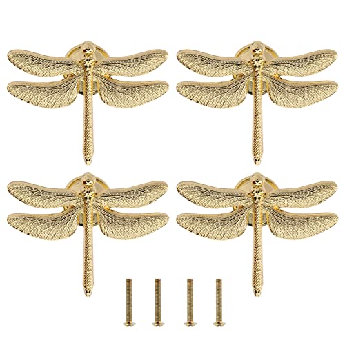 Be In Your Mind 4PCS Dragonfly Knobs Handles Unique Dragonfly Shape Decorative Handles with Mounting Screws Furniture Hardware Accessories for Cabinet Wardrobe Drawer Dresser Gold