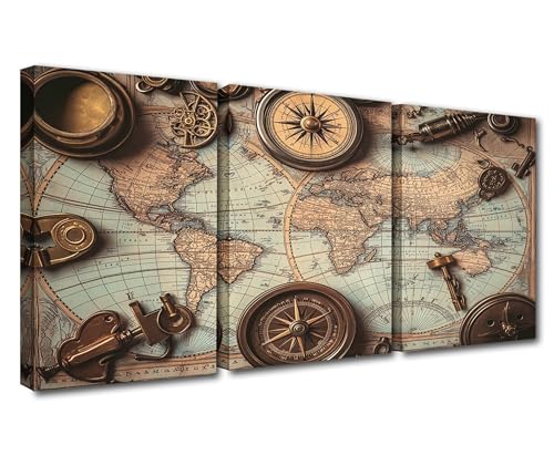 Rustic Wall Art for Living Room World Map Picture 3 Piece Prints on Canvas Blue Painting for New Room Contemporary House Decor Pirate Clock Artwork Framed Gallery-Wrapped Ready to Hang(42''Wx20''H)