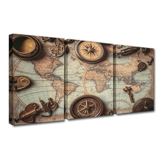 Rustic Wall Art for Living Room World Map 3 Piece Prints on Canvas Blue Painting for New Room