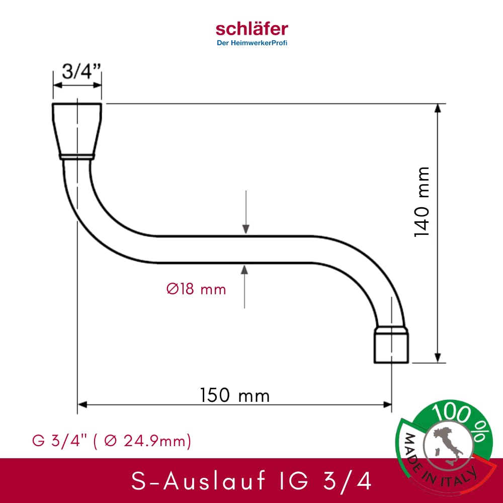 400313 Schläfer | Bec en S universel 200 mm pour robinet mural, métal chromé, raccord 3/4", économiseur d'eau compatible avec Neoperl Honeycomb, bec de rechange universel pour mitigeur mural