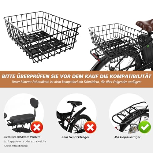 Fahrradkorb Hinten, Metall Groß Fahrrad Korb Stabil Hinten, Stark Robust mit Wasserdichtem Liner & Gepäcknetz, Universeller Passform für Erwachsenenräder, E-Bikes, Rostbeständig, Einfache Montage