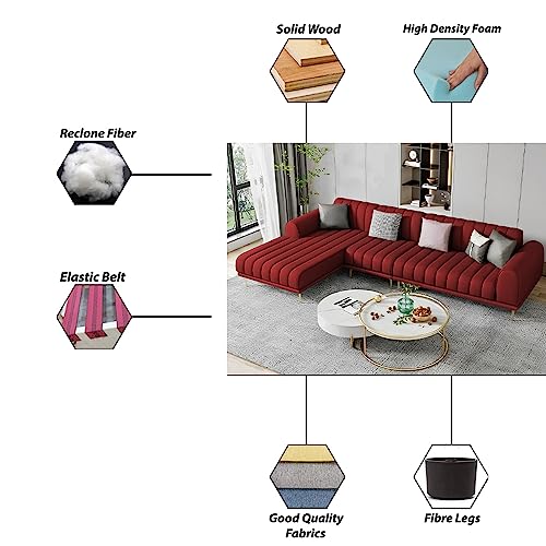 Image of Casaliving Herrick LHS 6 Seater L Shape Sofa Set with 2 Puffy for Living Room (Maroon) Premium Velvet Fabric Sofa