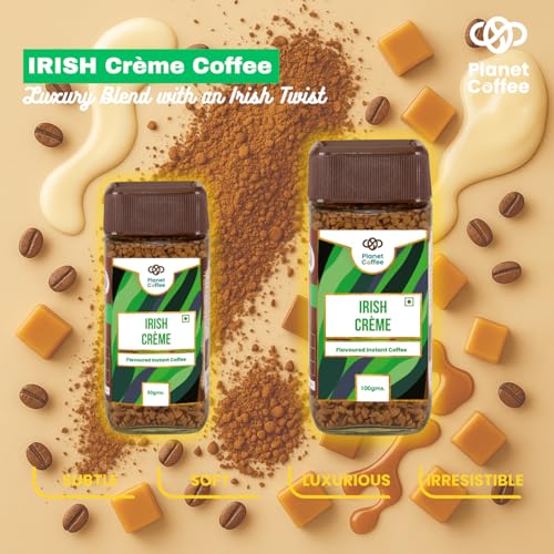 Image of Planet Coffee | IRISH Creme Coffee | 100 Gms Jar | Pure Arabica | Freeze-Dried Instant Coffee | No Added Sugar | Makes 50 Cups | Medium Roast | Flavoured Coffee