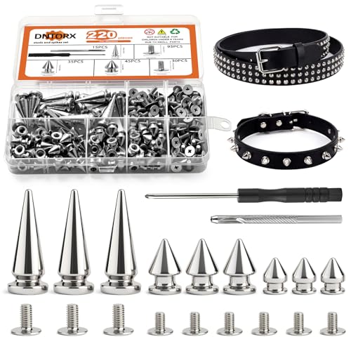 220 Pcs Studs for Clothing, 3 Sizes Cone Spikes Metal Tree Spikes for Clothes Punk Spikes and Studs Kit with Extended Screws for Punk Style Clothing Leathercraft DIY Craft Accessories Decoration