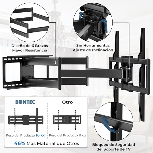 Miniatura 5 de Bontec Soporte Tv Pared De 60-110 Pulgadas, Soporte Television Pared Giratorio E Inclinable, Extensión De 1016 Mm, Vesa 800x600 Mm, Carga 125 Kg, Para Televisores Planos, Curvos Y Pantallas Grandes
