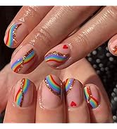 Press on Nails Short Square Fake Nails Nude False Nails with Rainbow Love Designs for Women 24 Pcs