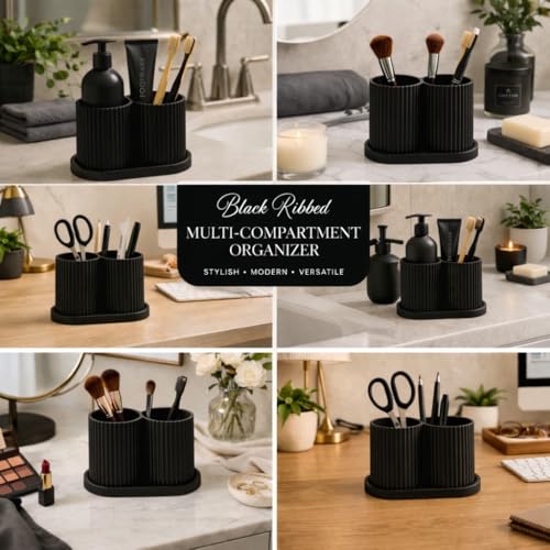 Image of Aesthetic Toothbrush Holder for Bathroom, Dual Cup Ribbed Design, Toothbrush & Toothpaste Organizer Stand, Modern Bathroom and Stationery Accessories Holder