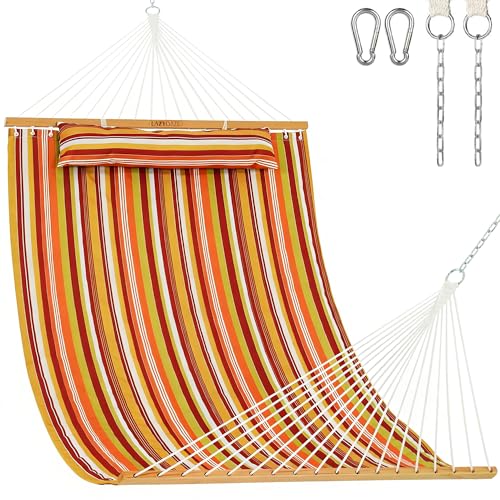 Image of Lazy Daze Double Quilted Hammock with Pillow and Carabiners, Vivid Stripe | 12FT 2 Person Outdoor Hammock with Hardwood Spreader Bars and Chains for Outside, 450lbs Weight Capacity