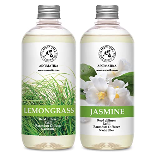 Recarga difusor Lemongrass - Recarga difusor de jasmim 2 x 500 ml, ambientador, fragrâncias duradouras, difusor para casa, difusor de aromaterapia, aroma de intensas e duradouras