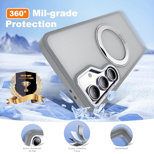 Image of for Samsung Galaxy S24 FE Case with 360 Rotatable Magnetic Ring Stand Compatible with Mag-Safe Military Protection Shockproof Matte Translucent Phone Cases for S24 FE,Gray