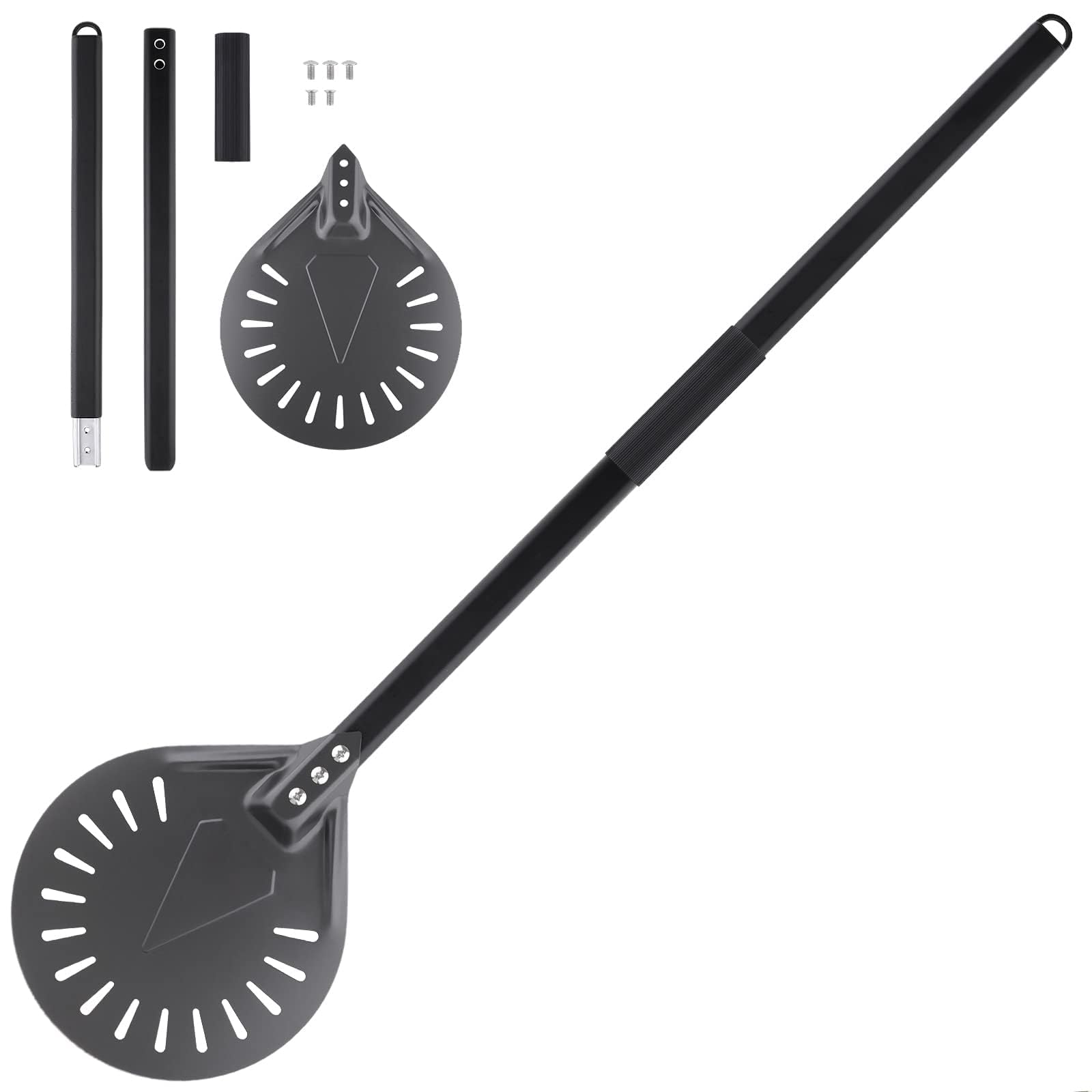 Aluminum Pizza Turning Peel 9 inches with Detachable Handle Outdoor Pizza Oven Accessories for Easy Storage, 39 or 24 inches long for Baking Pizza (Black)