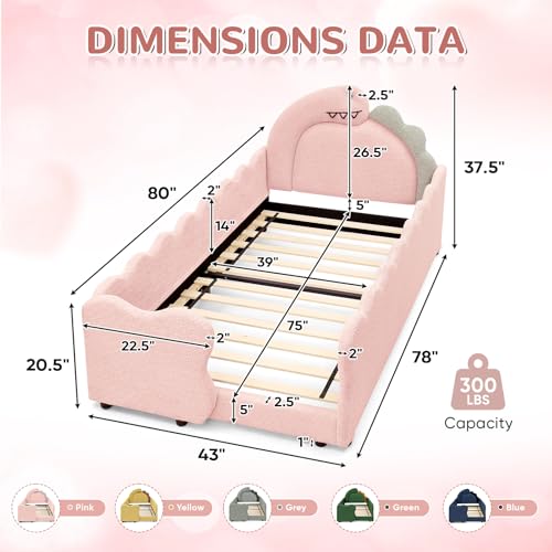 Image of Twin Size Kids Bed with Dinosaur Headboard, Upholstered Boucle Fabric Twin Daybed with Slats Support & Side Pocket, Space-Saving Wooden Corner Sofa Couch Day Bed Frame for Girl, Boy, Teenager(Pink)