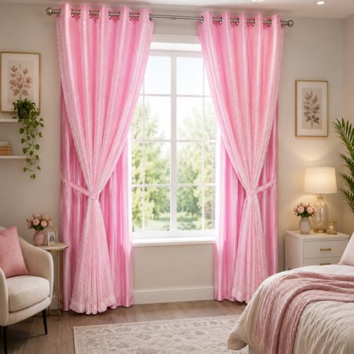 Image of Double Curtains 2 in 1 Embroidery Transparent Curtain with 80% Blackout Curtain Best for Every Interior Living Room (Pink, 9 feet Set 2)